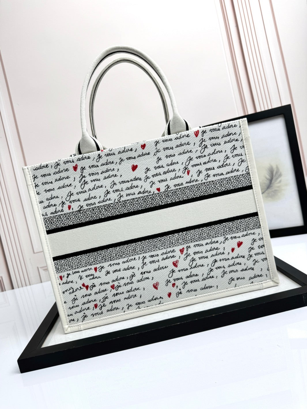 Small Book Tote White Embroidery with Black and Red Je Vous Adore Motif and