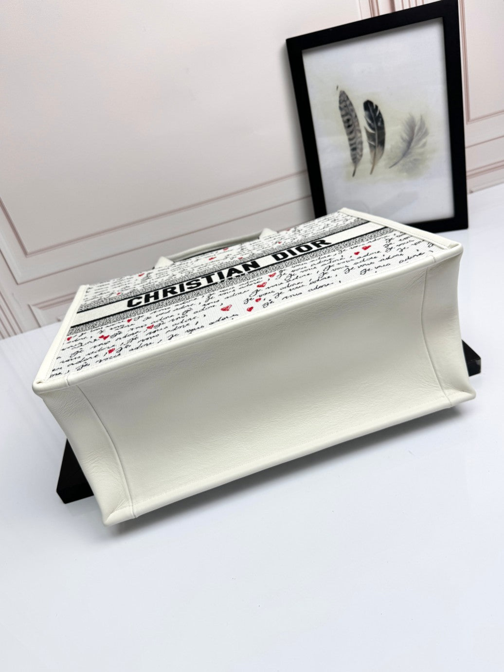 Small Book Tote White Embroidery with Black and Red Je Vous Adore Motif and