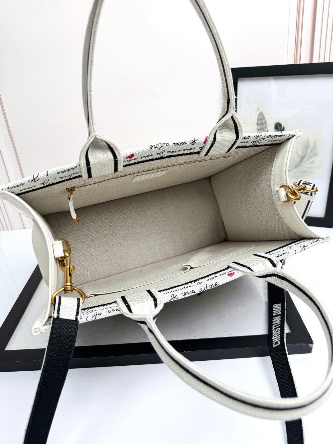 Small Book Tote White Embroidery with Black and Red Je Vous Adore Motif and