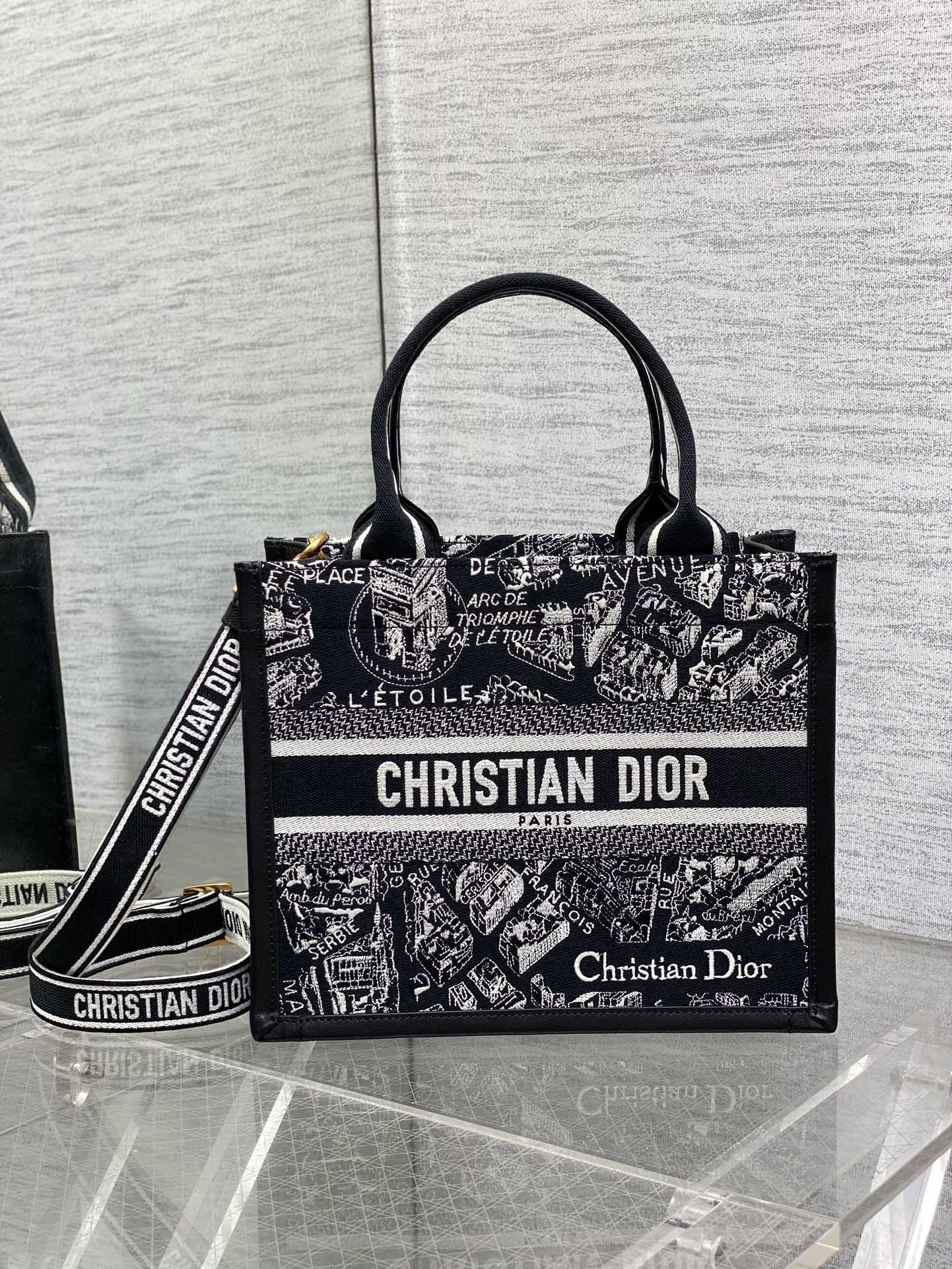 Medium Book Tote Black and White Plan de Paris Embroidery with Black Calfskin