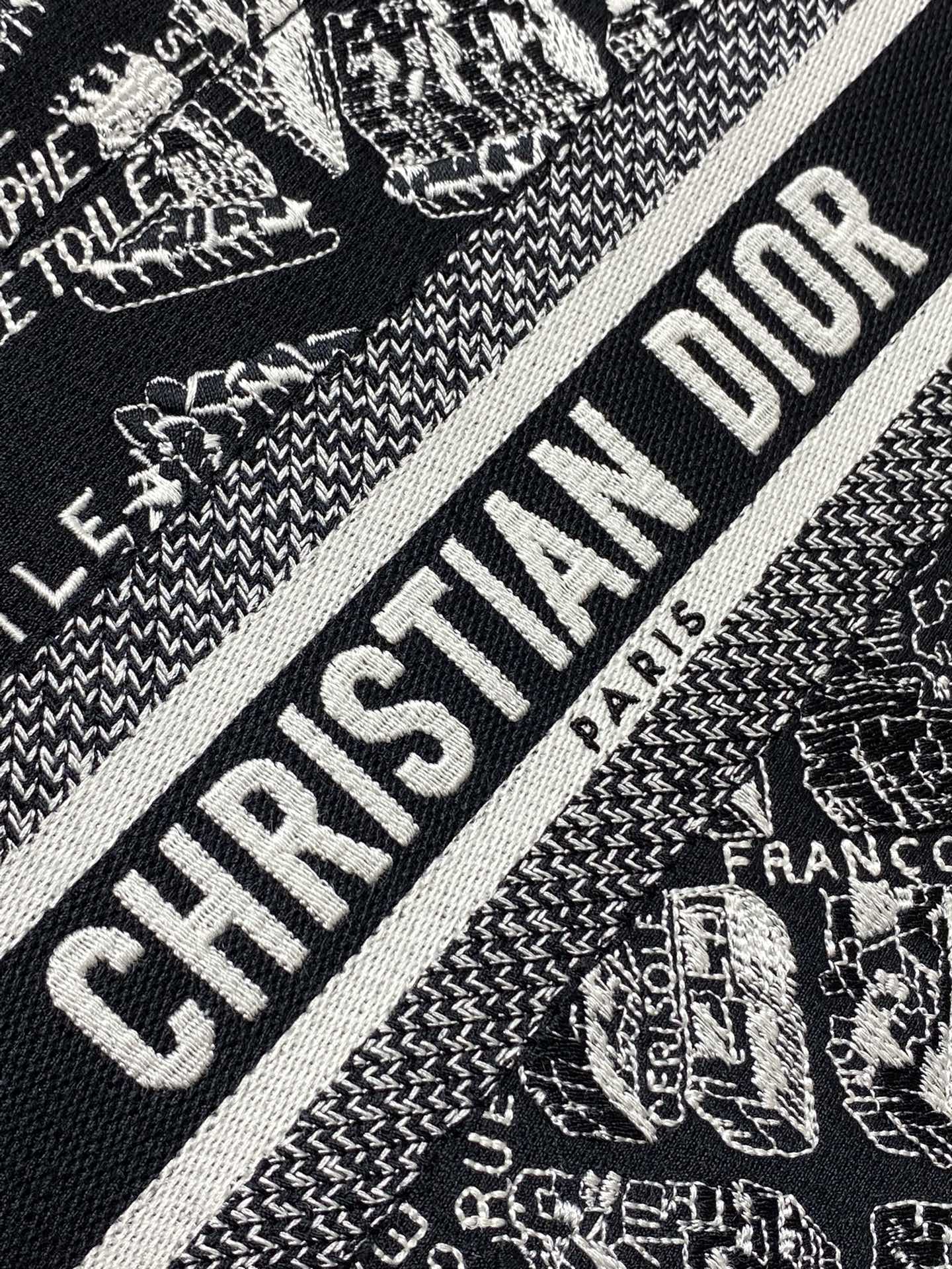 Medium Book Tote Black and White Plan de Paris Embroidery with Black Calfskin
