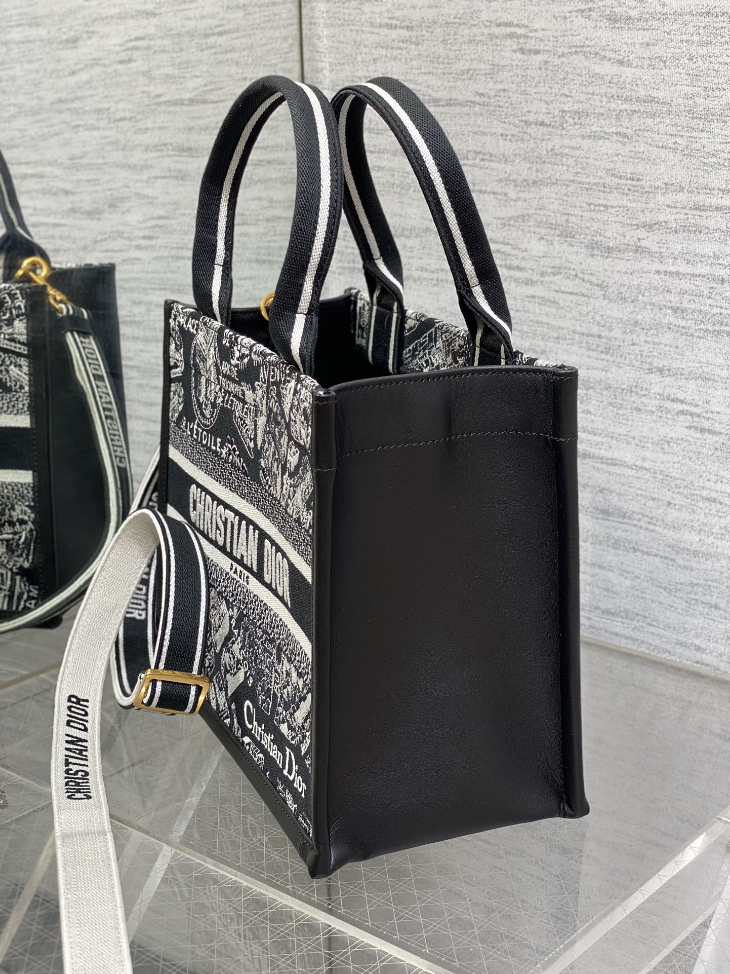 Medium Book Tote Black and White Plan de Paris Embroidery with Black Calfskin
