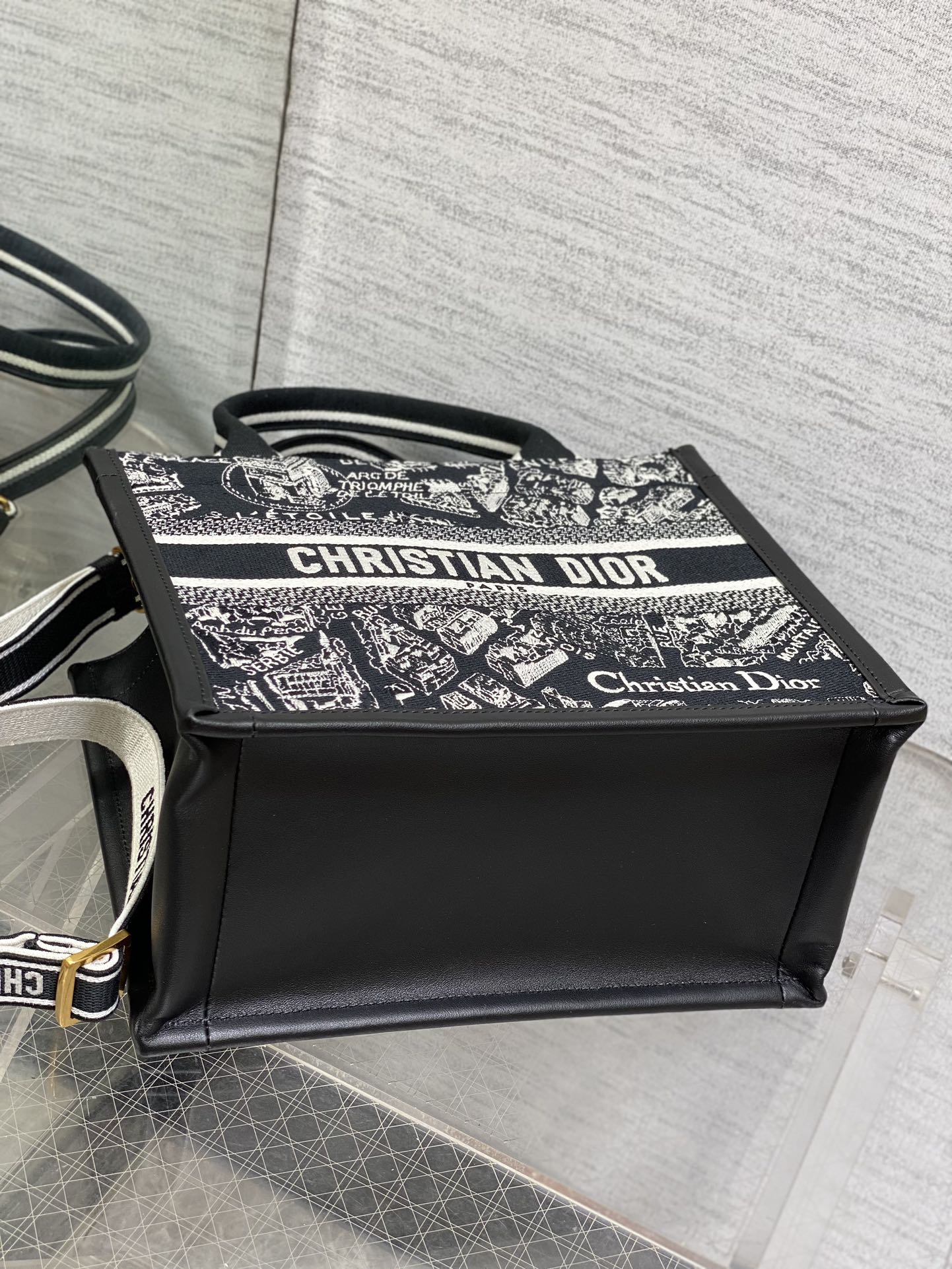 Medium Book Tote Black and White Plan de Paris Embroidery with Black Calfskin