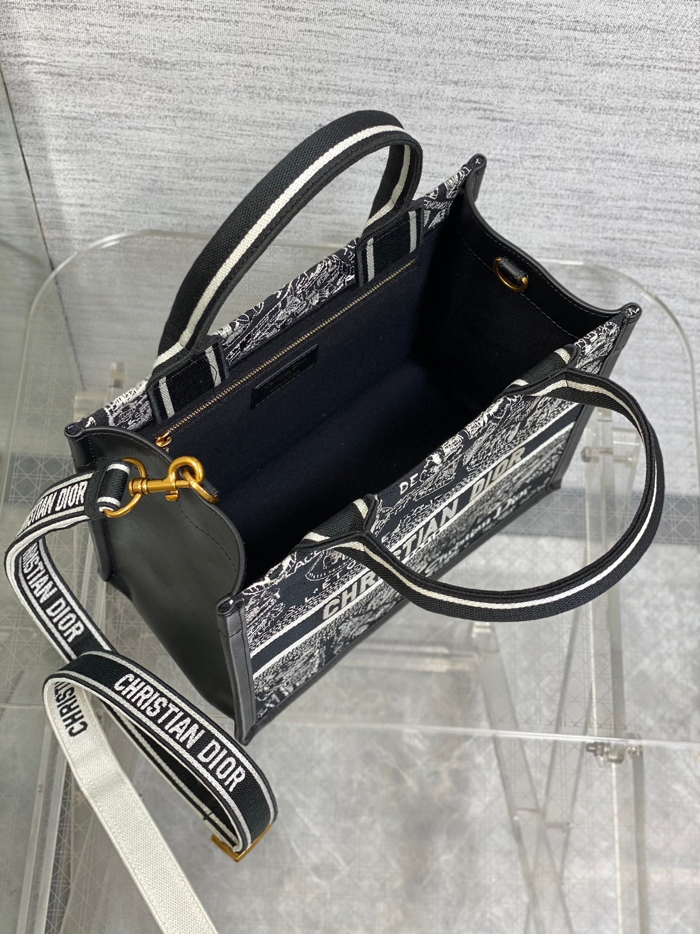 Medium Book Tote Black and White Plan de Paris Embroidery with Black Calfskin