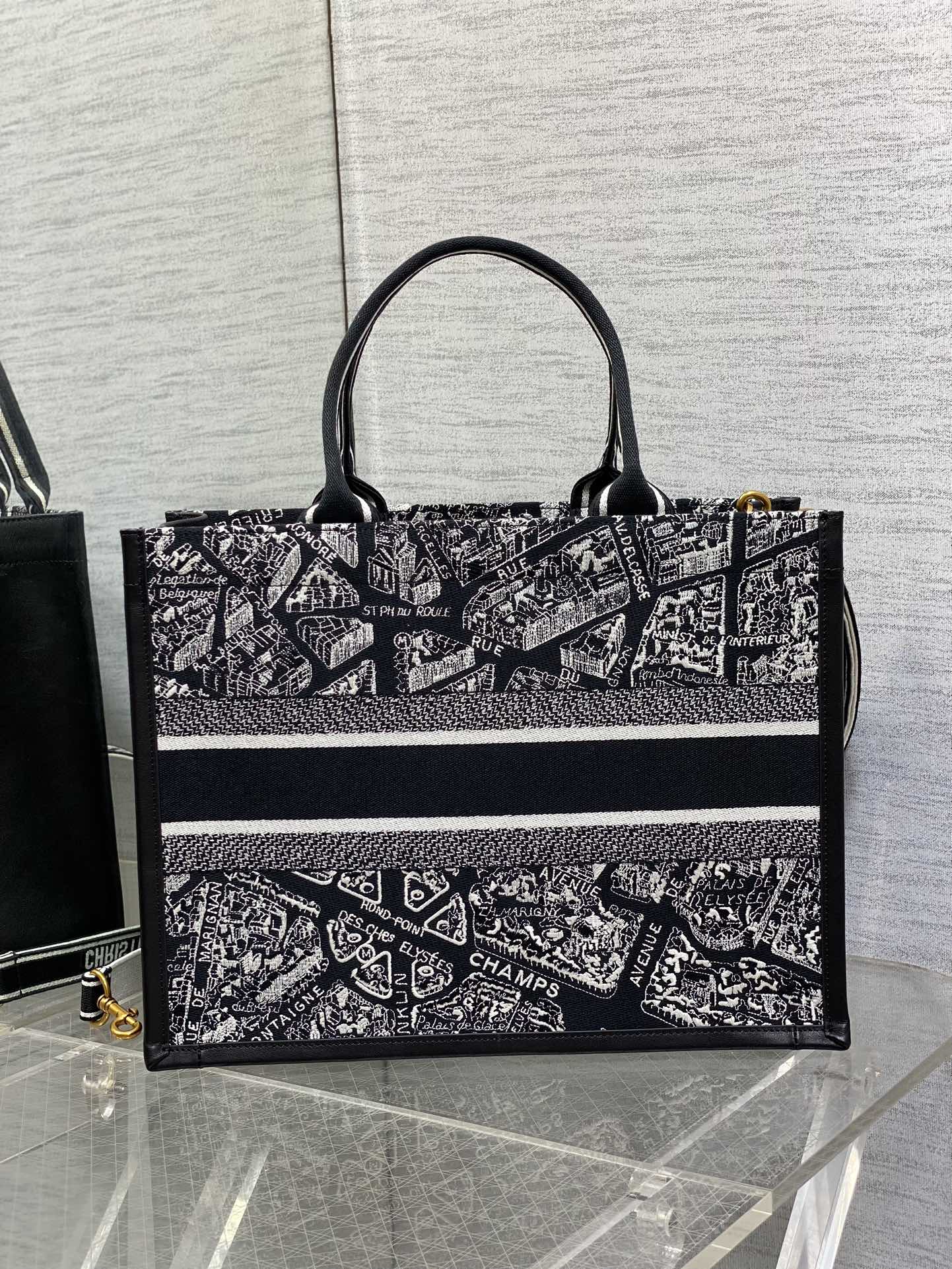 Medium Book Tote Black and White Plan de Paris Embroidery with Black Calfskin
