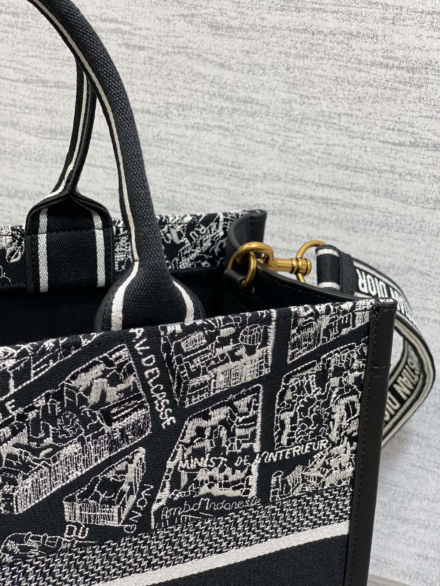 Medium Book Tote Black and White Plan de Paris Embroidery with Black Calfskin