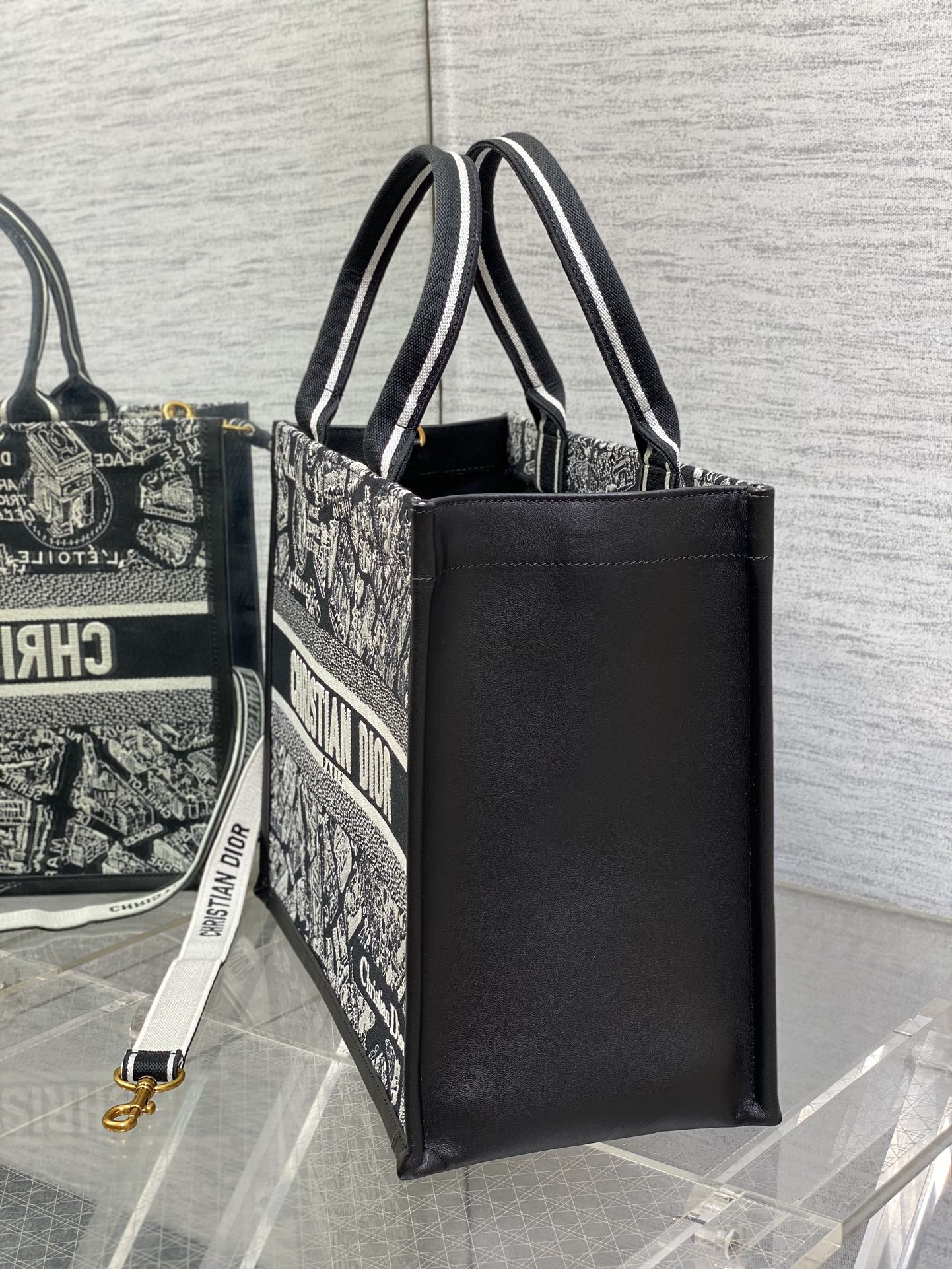 Medium Book Tote Black and White Plan de Paris Embroidery with Black Calfskin