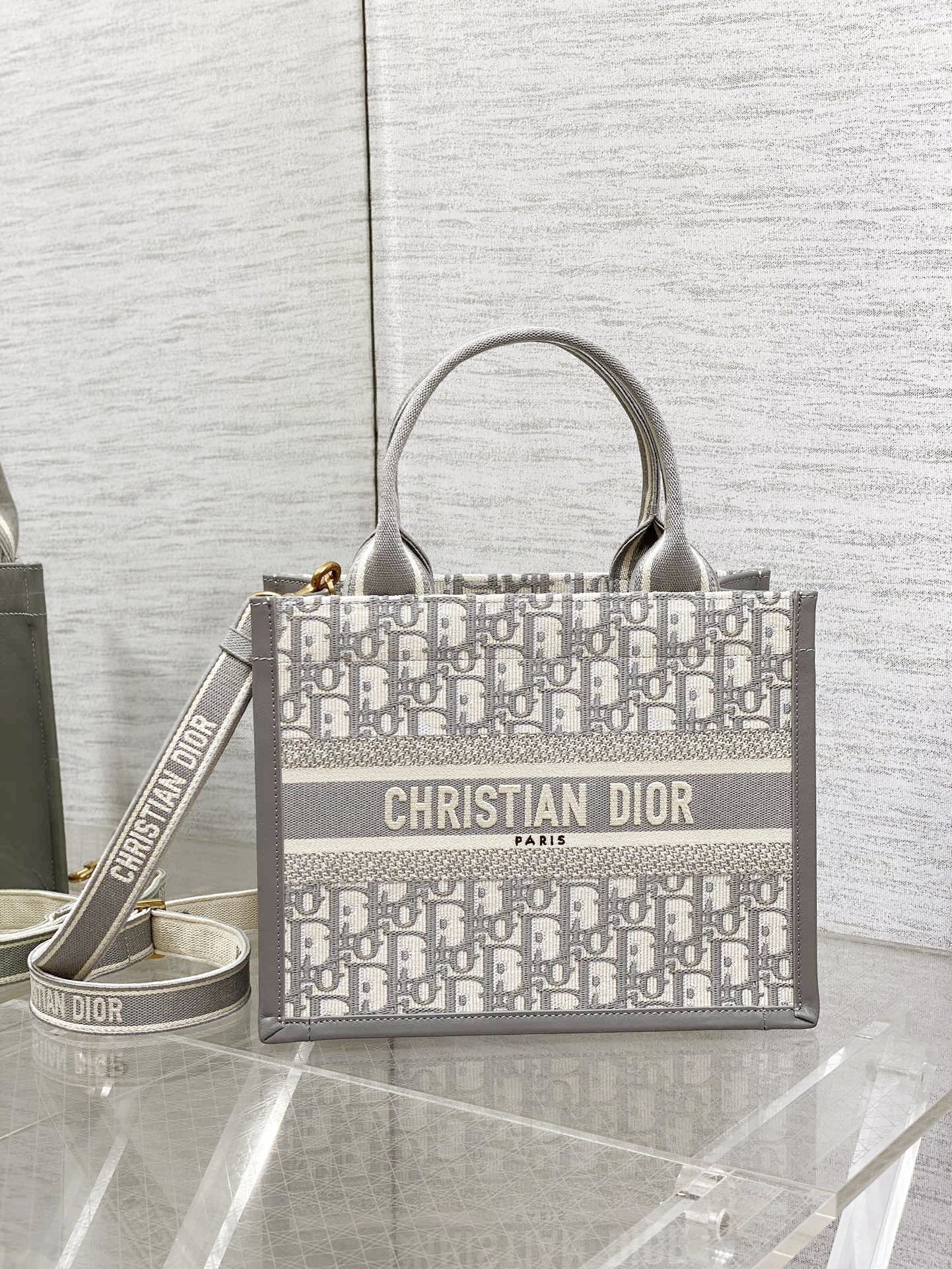 Medium Book Tote Gray Oblique Embroidery and Calfskin