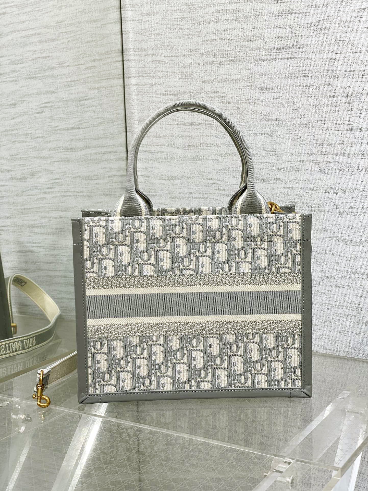 Medium Book Tote Gray Oblique Embroidery and Calfskin