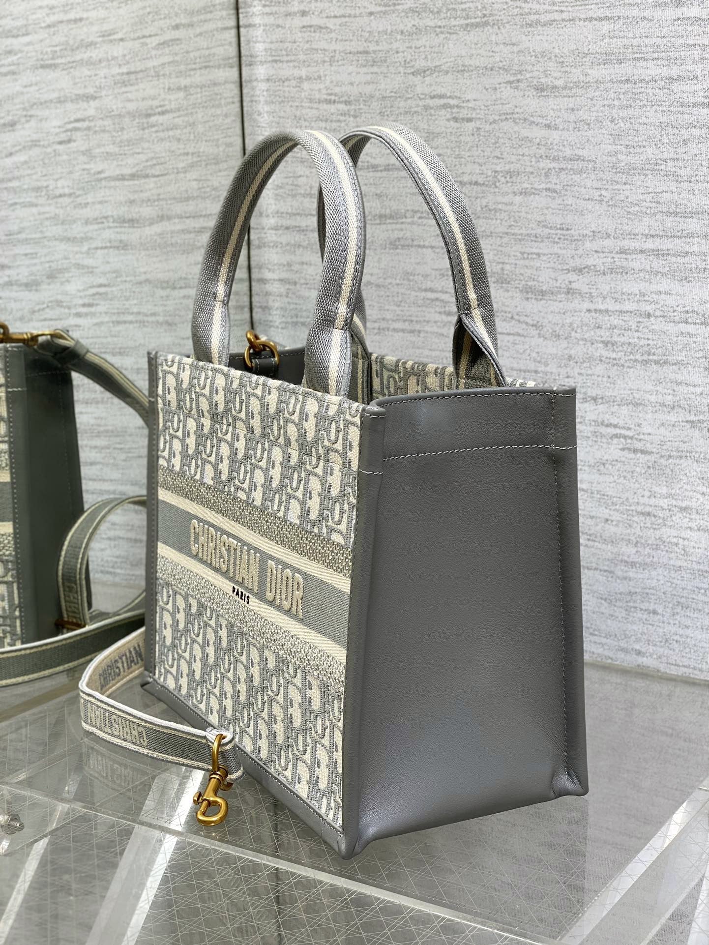 Medium Book Tote Gray Oblique Embroidery and Calfskin