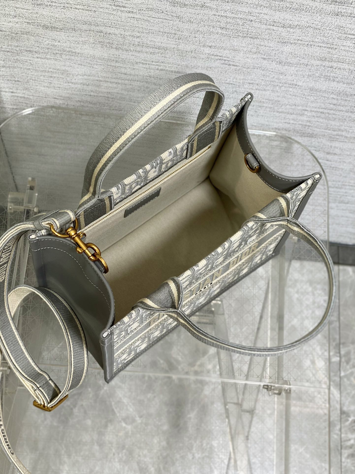 Medium Book Tote Gray Oblique Embroidery and Calfskin