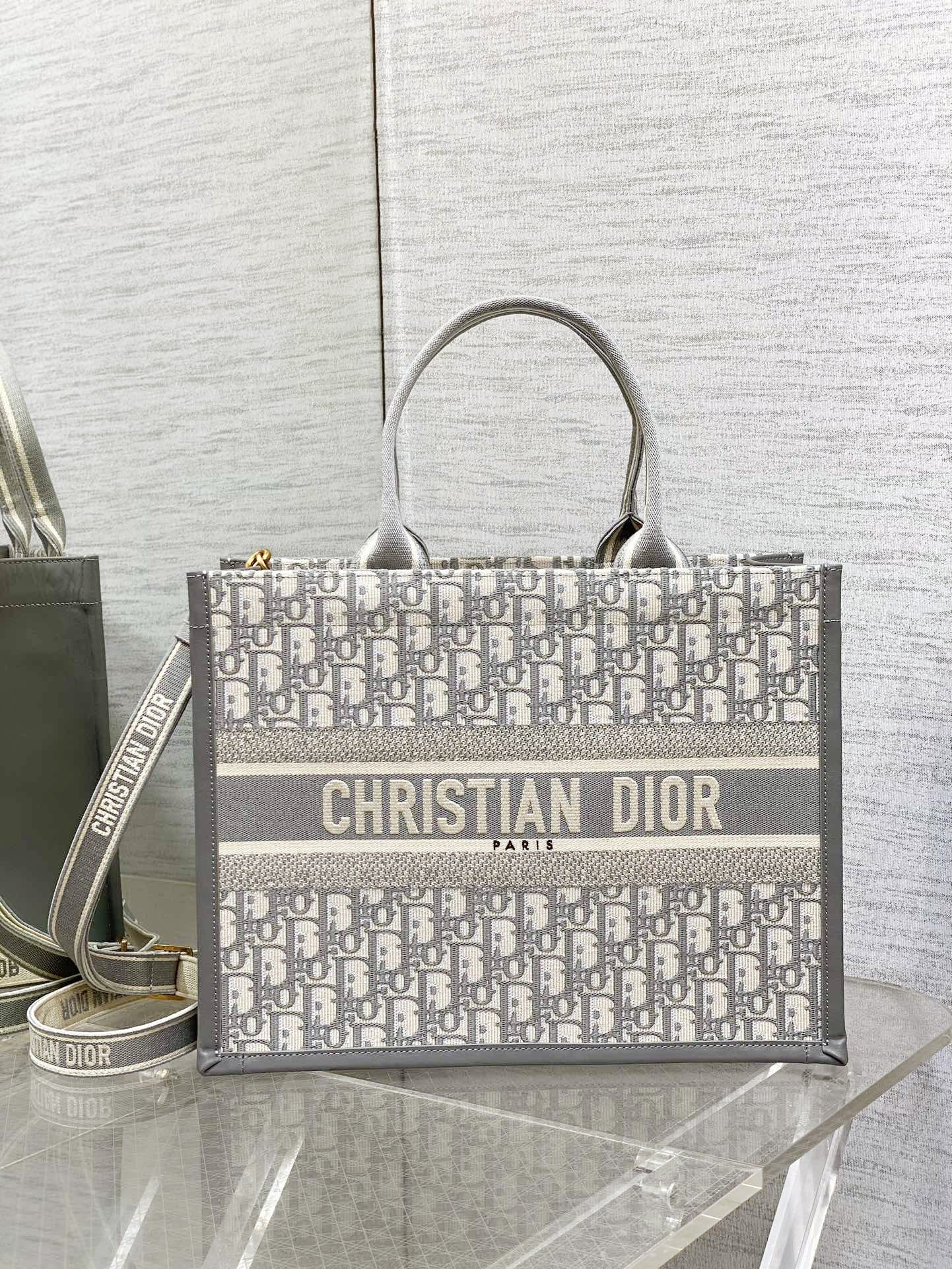 Medium Book Tote Gray Oblique Embroidery and Calfskin