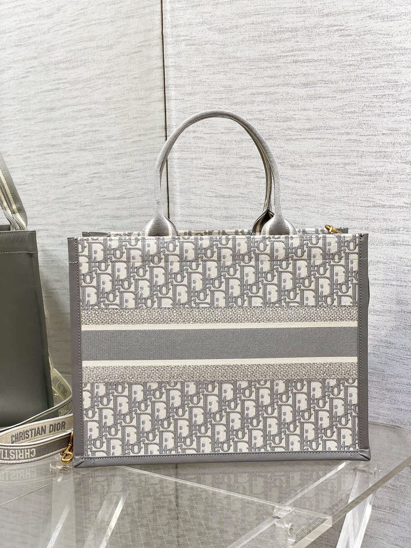 Medium Book Tote Gray Oblique Embroidery and Calfskin