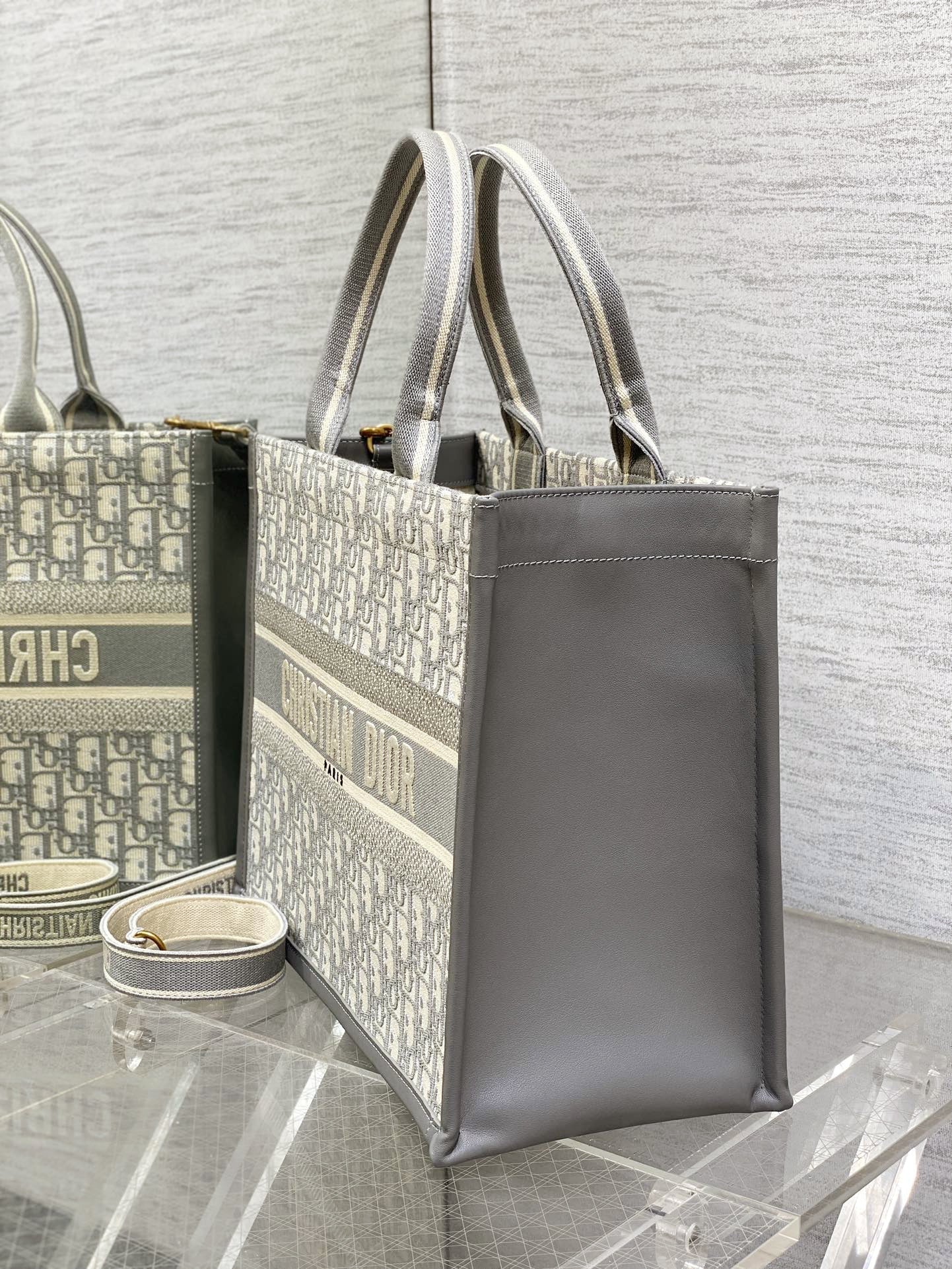Medium Book Tote Gray Oblique Embroidery and Calfskin