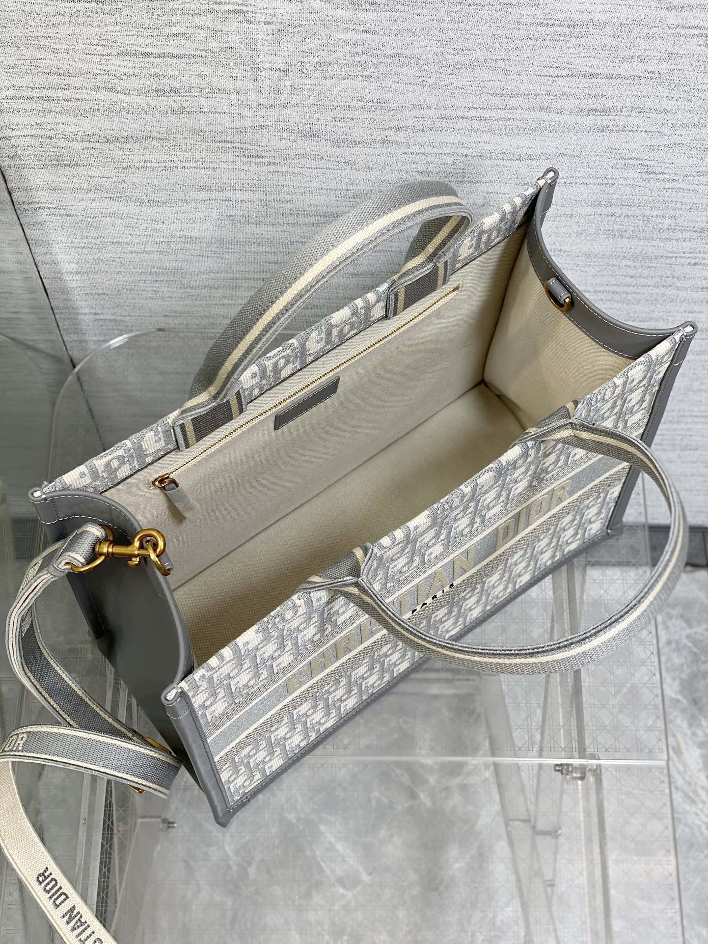Medium Book Tote Gray Oblique Embroidery and Calfskin