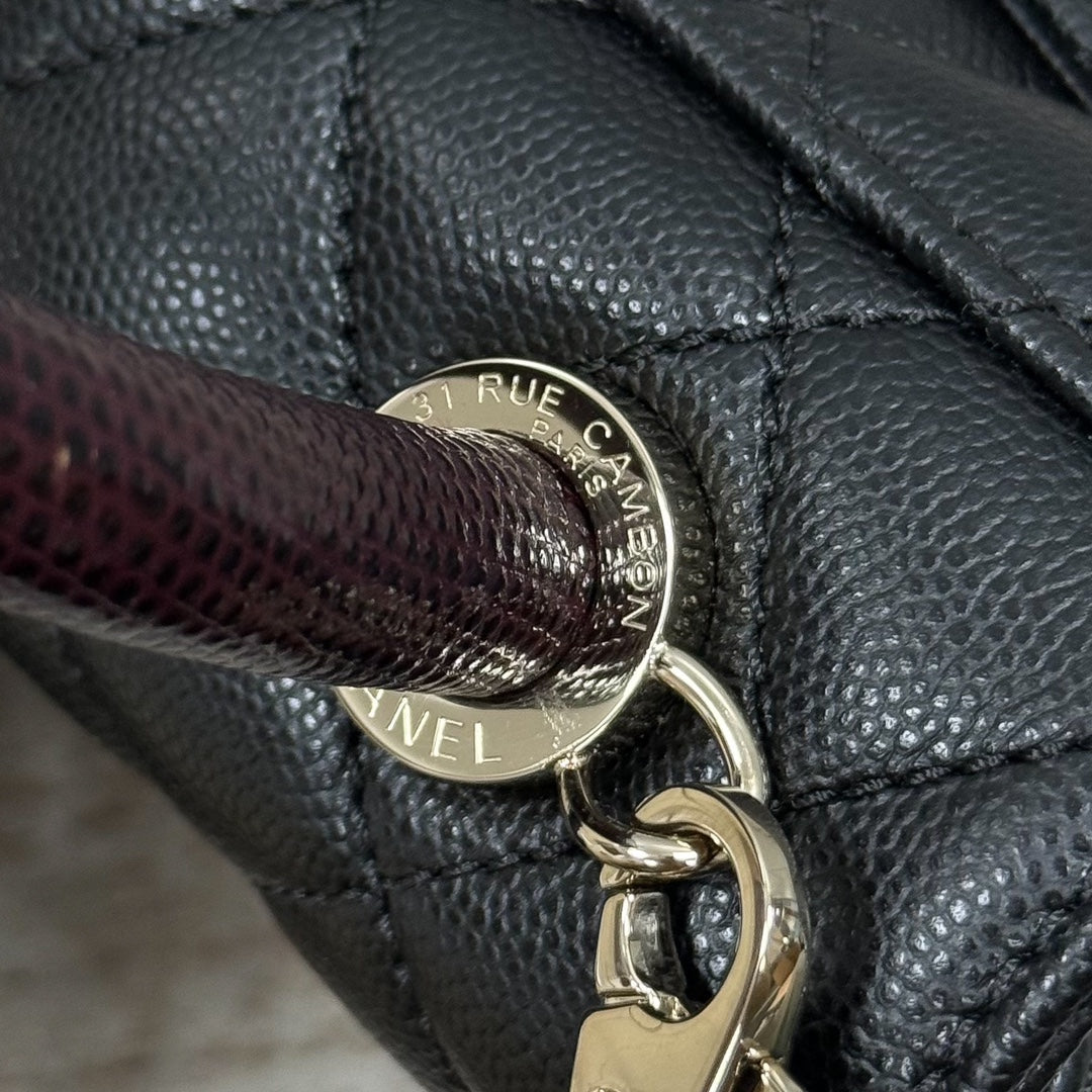Mini Flap Bag with Top Handle Small Grained Calfskin Lizard Handle Black
