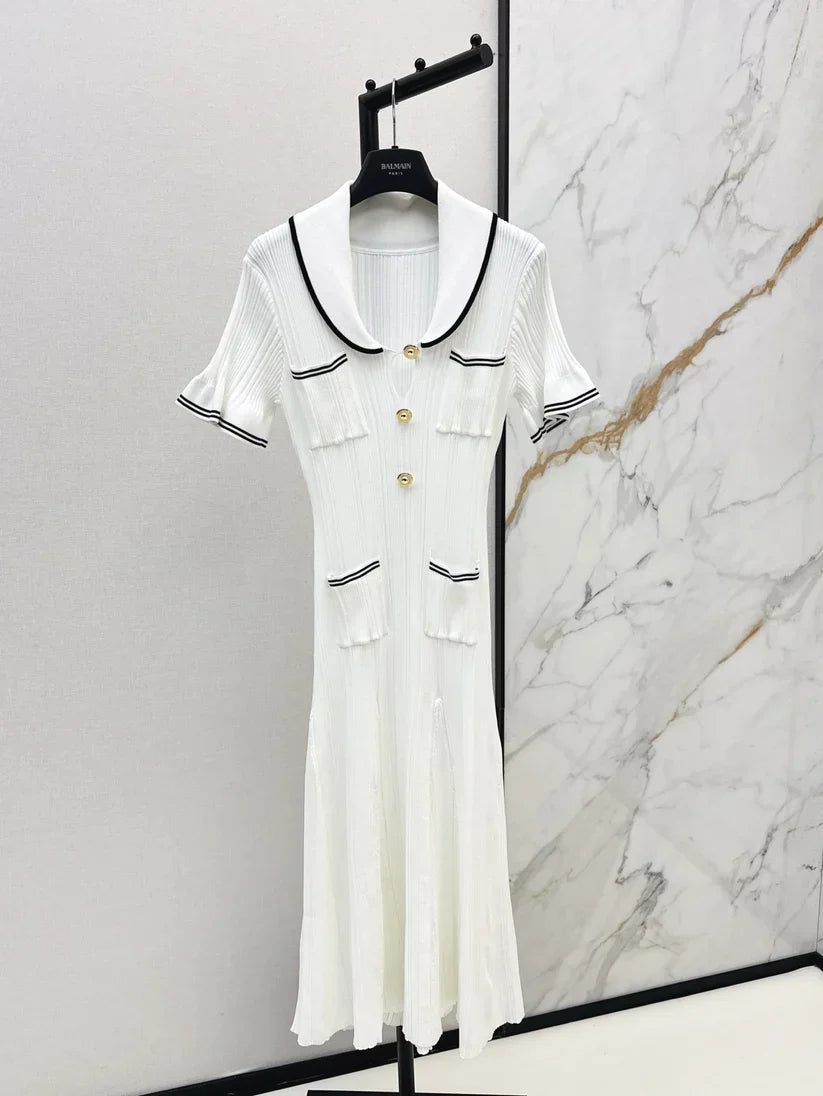 Chic Gold Button Ribbed Knit Dress