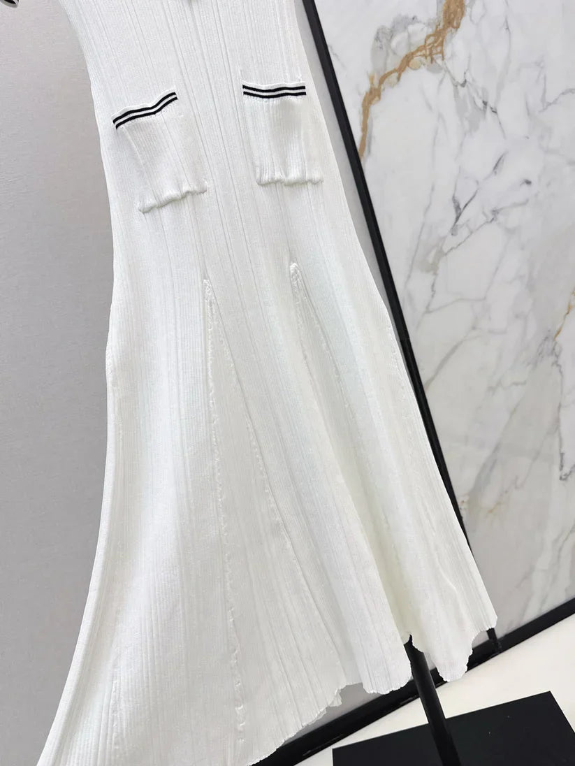 Chic Gold Button Ribbed Knit Dress