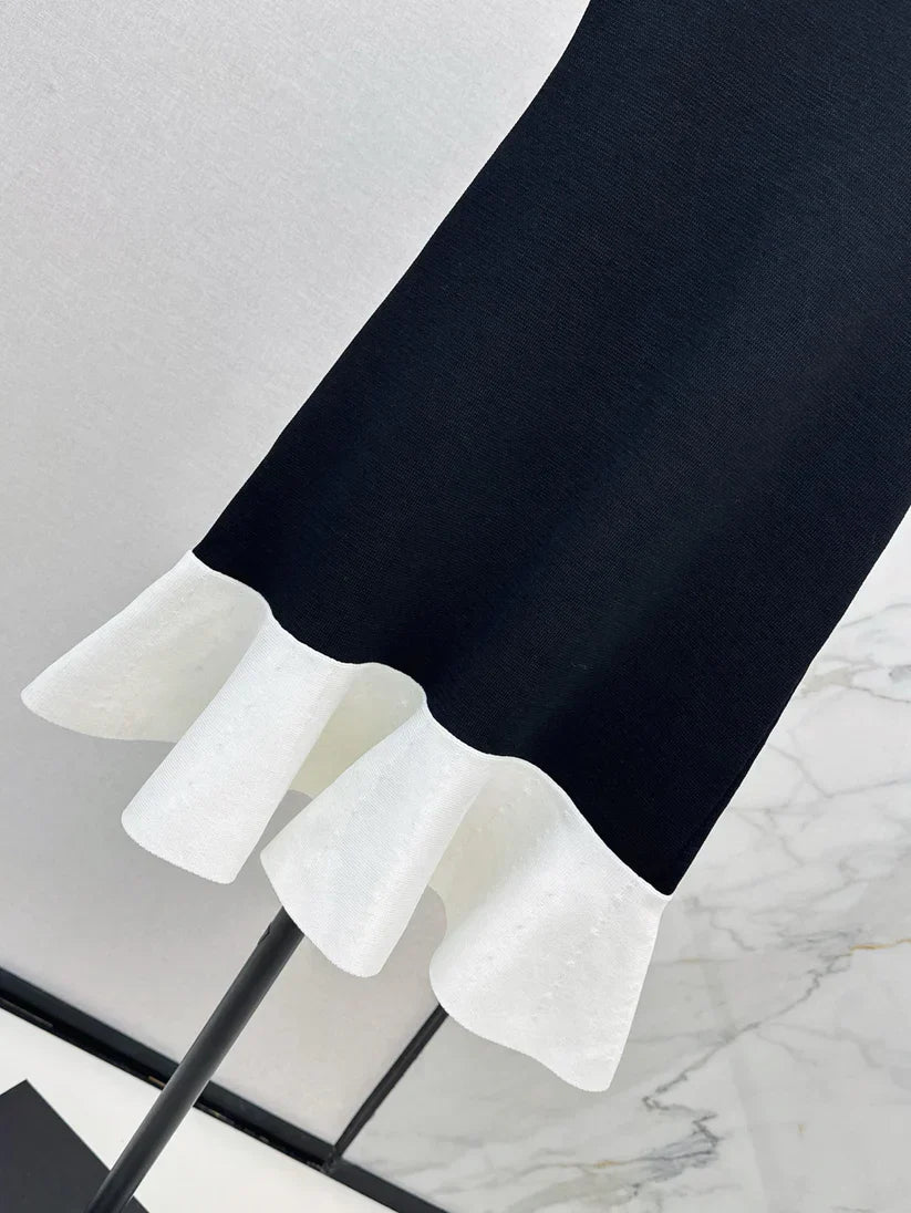 Pearl Neckline Black and White Contrast Dress