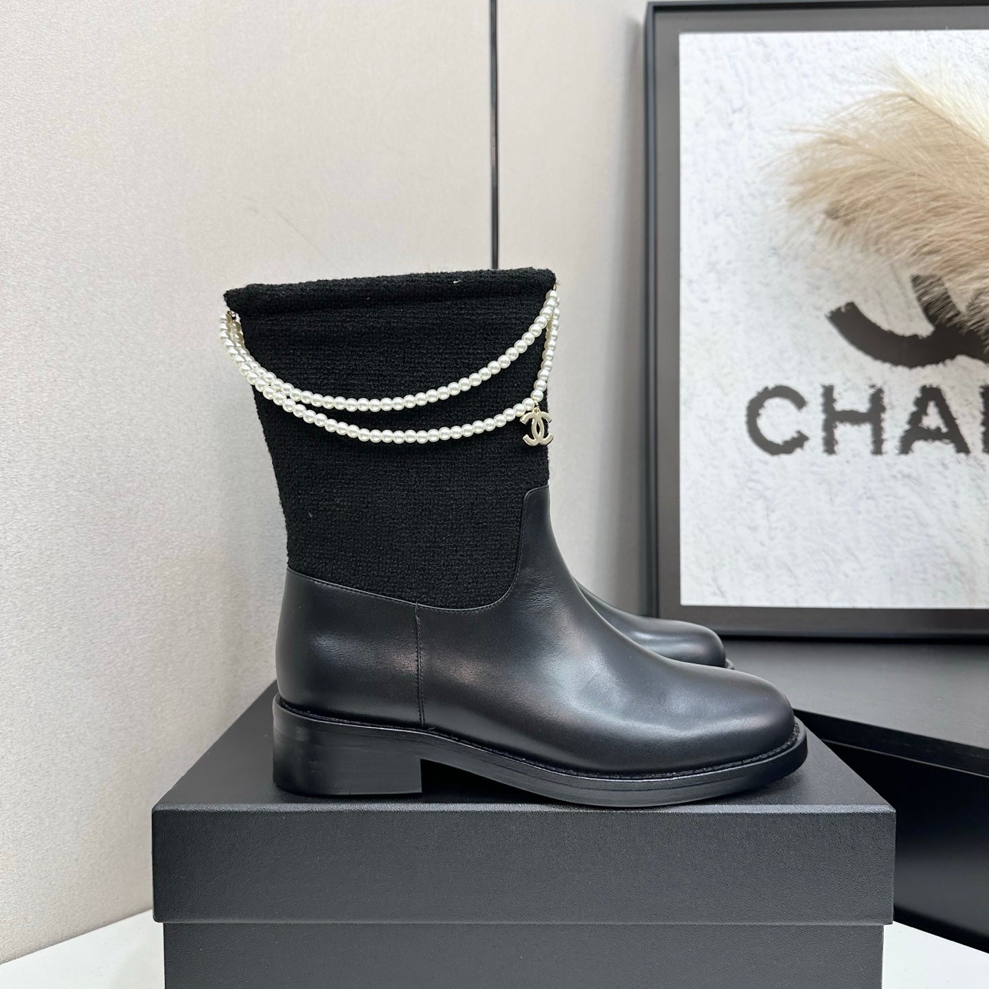 25 Pearl necklace decoration, thick soled short boots(GRAY/BLACK)