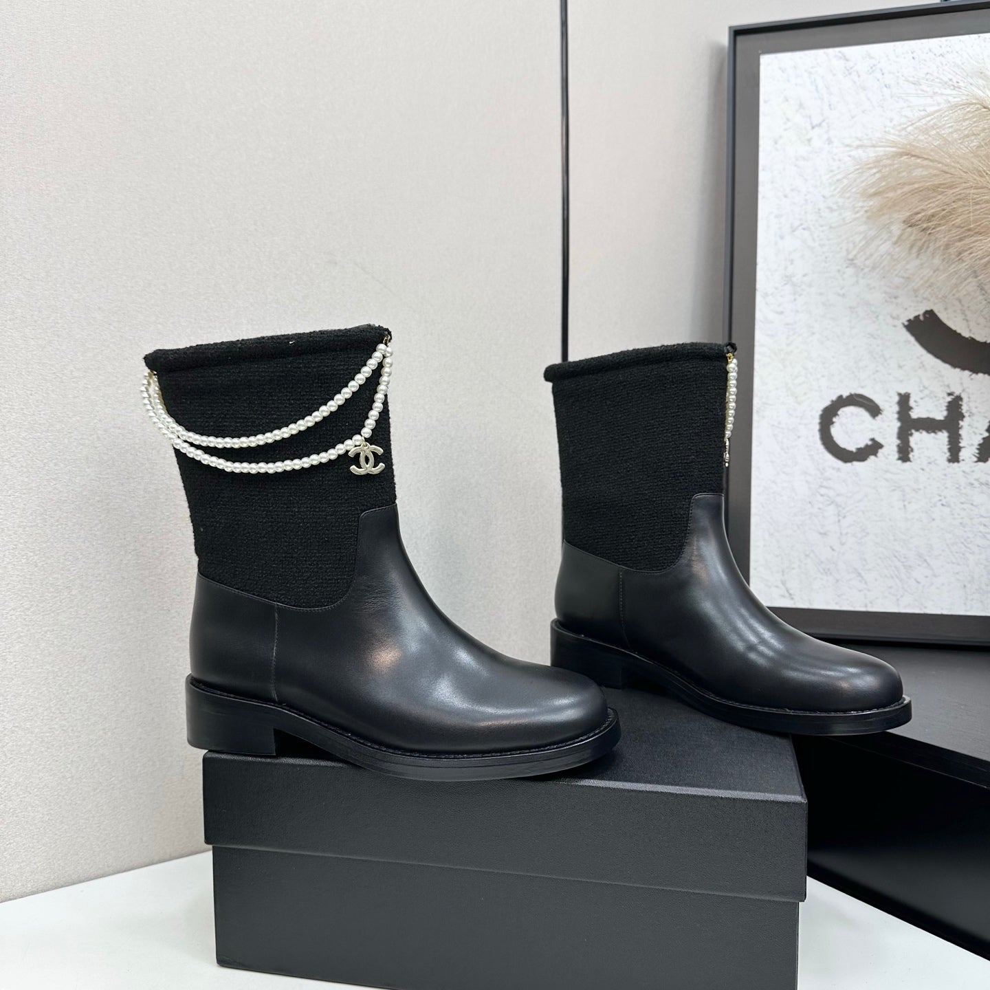 25 Pearl necklace decoration, thick soled short boots(GRAY/BLACK)