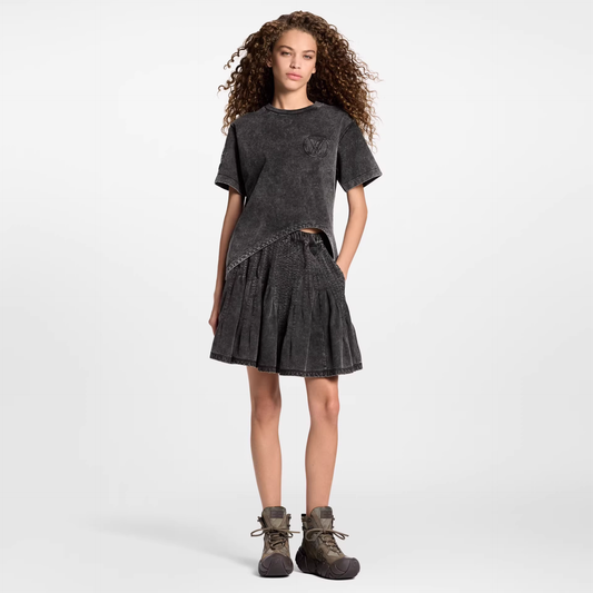2025 Round neck distressed irregular short sleeved skirt set