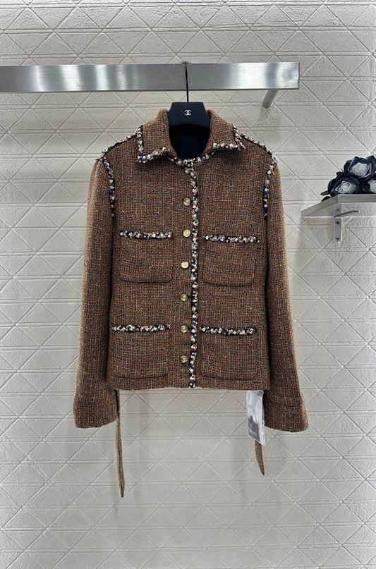 Lapel and belted dress jacket with beaded hem