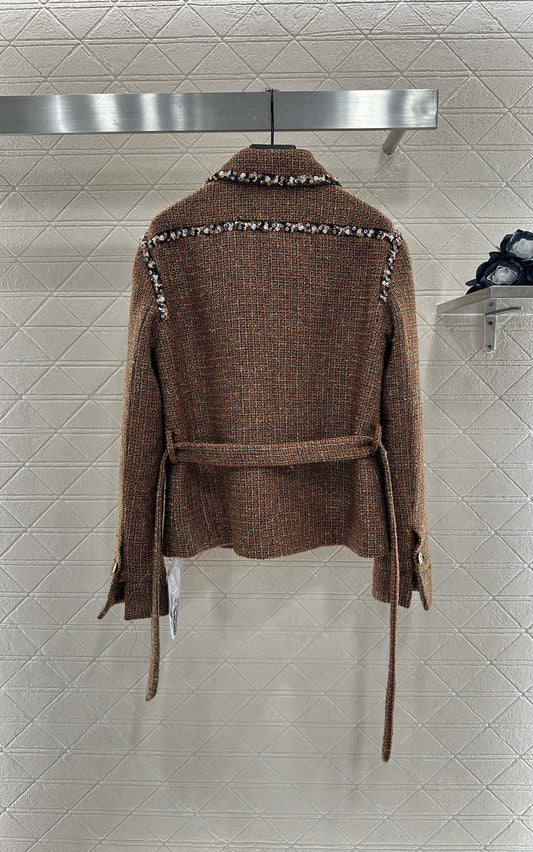 Lapel and belted dress jacket with beaded hem