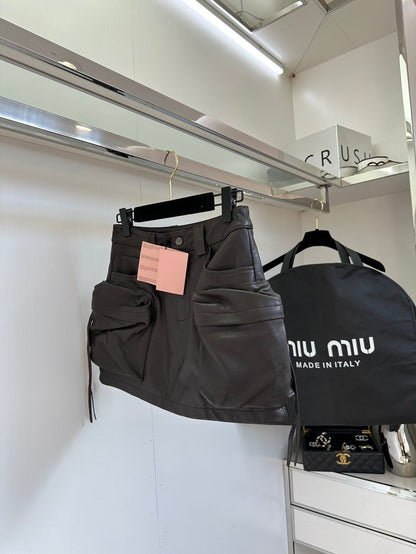Multi-Pocket Leather Skirt