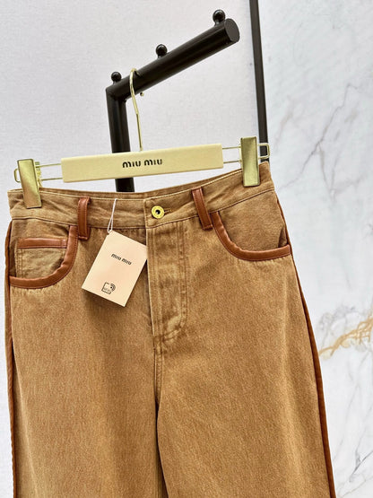 25Brown leather trim slim pants