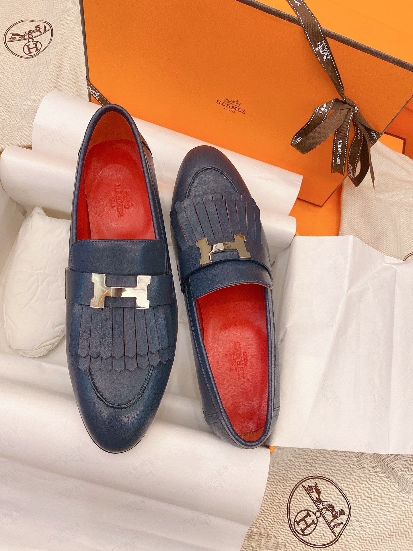 HM Mocassins Royal Loafers Navy Blue Goat Leather 348020