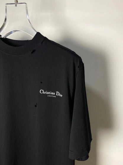 25ss Leather logo foam round neck short-sleeved T-shirt