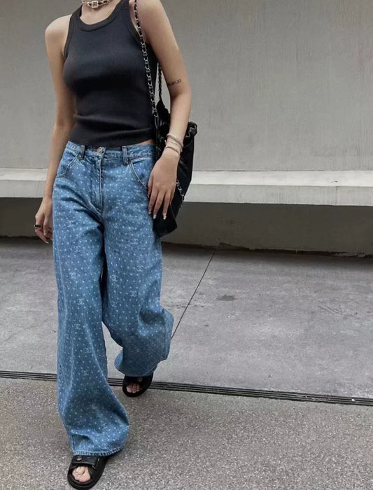 25ss popular polka dot laser burnt pattern heavy craft straight jeans