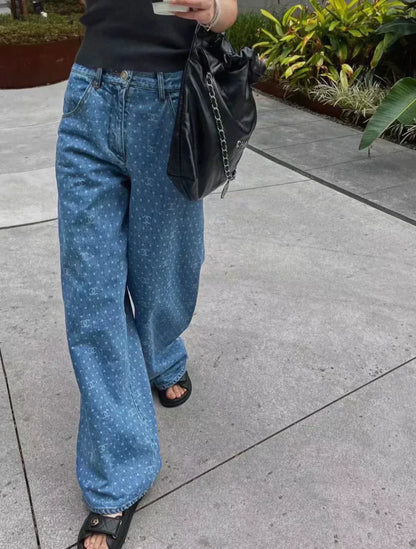 25ss popular polka dot laser burnt pattern heavy craft straight jeans