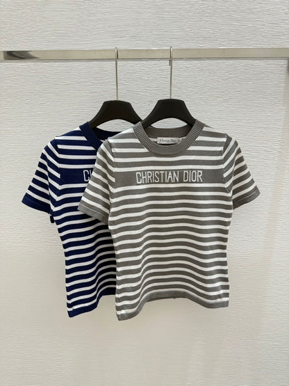 25 Summer striped knitted round neck short sleeves