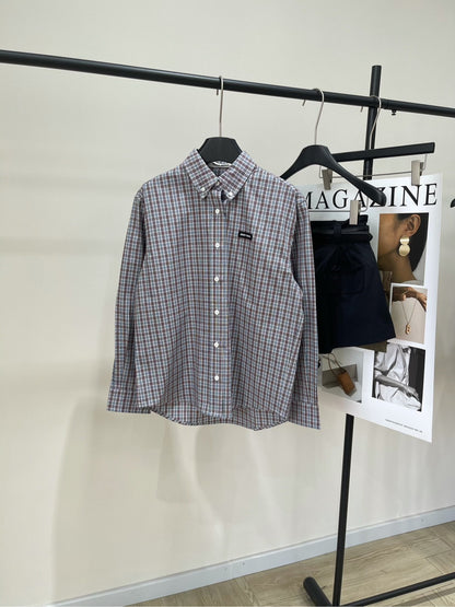 25 Retro dark red fine check long-sleeved shirt