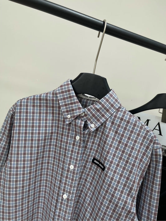 25 Retro dark red fine check long-sleeved shirt