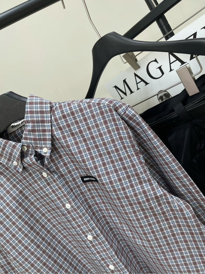 25 Retro dark red fine check long-sleeved shirt