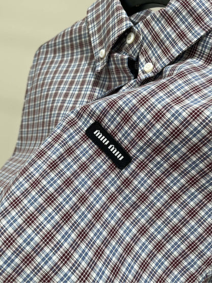 25 Retro dark red fine check long-sleeved shirt