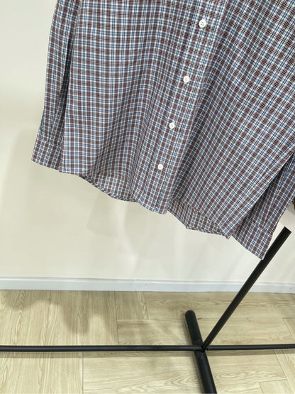 25 Retro dark red fine check long-sleeved shirt