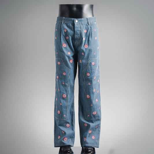 25 Collaborative Cherry Blossom Embroidered Vertical Striped Denim Pants