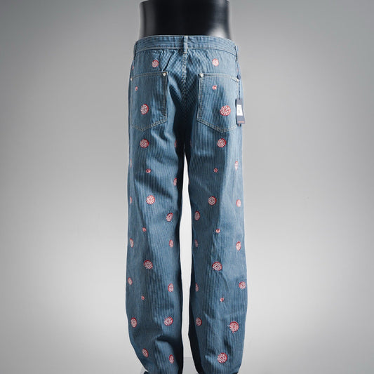 25 Collaborative Cherry Blossom Embroidered Vertical Striped Denim Pants