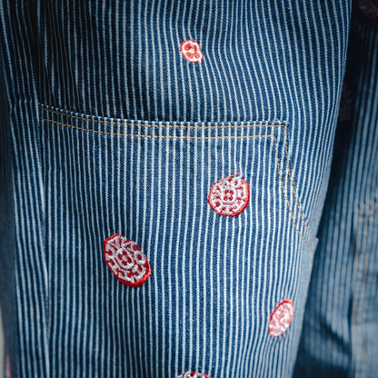 25 Collaborative Cherry Blossom Embroidered Vertical Striped Denim Pants