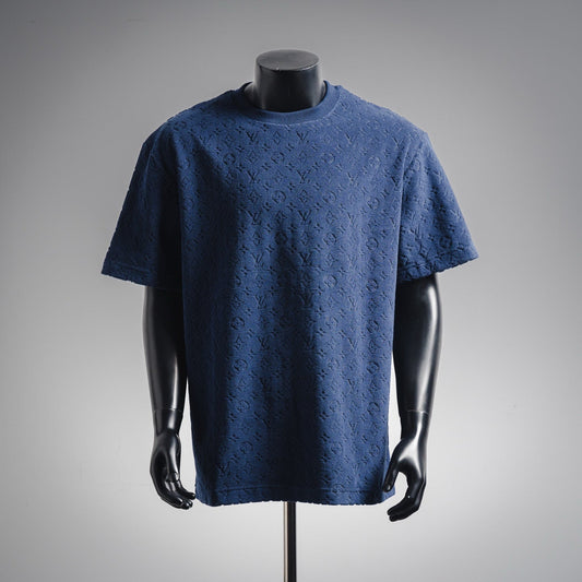 25 Navy blue flocked embossed terry short-sleeved shirt