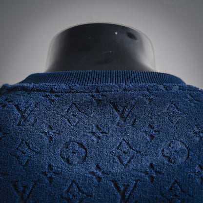 25 Navy blue flocked embossed terry short-sleeved shirt