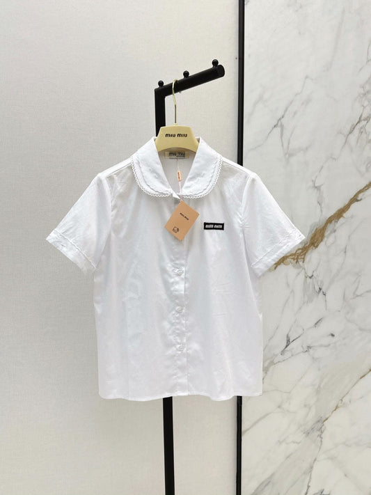25 Slim-fit College Style Thin Lace Lapel Cardigan Short Sleeve Shirt