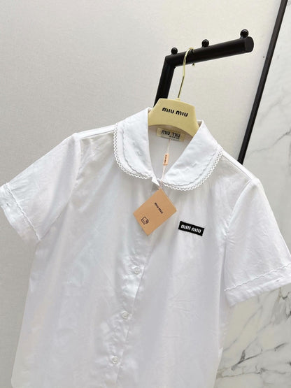 25 Slim-fit College Style Thin Lace Lapel Cardigan Short Sleeve Shirt