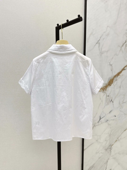 25 Slim-fit College Style Thin Lace Lapel Cardigan Short Sleeve Shirt