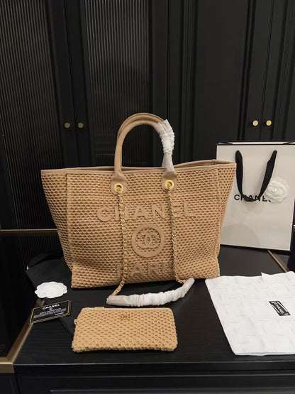 25 Deauville Tote Bag 34cm Beige Crochet Suede