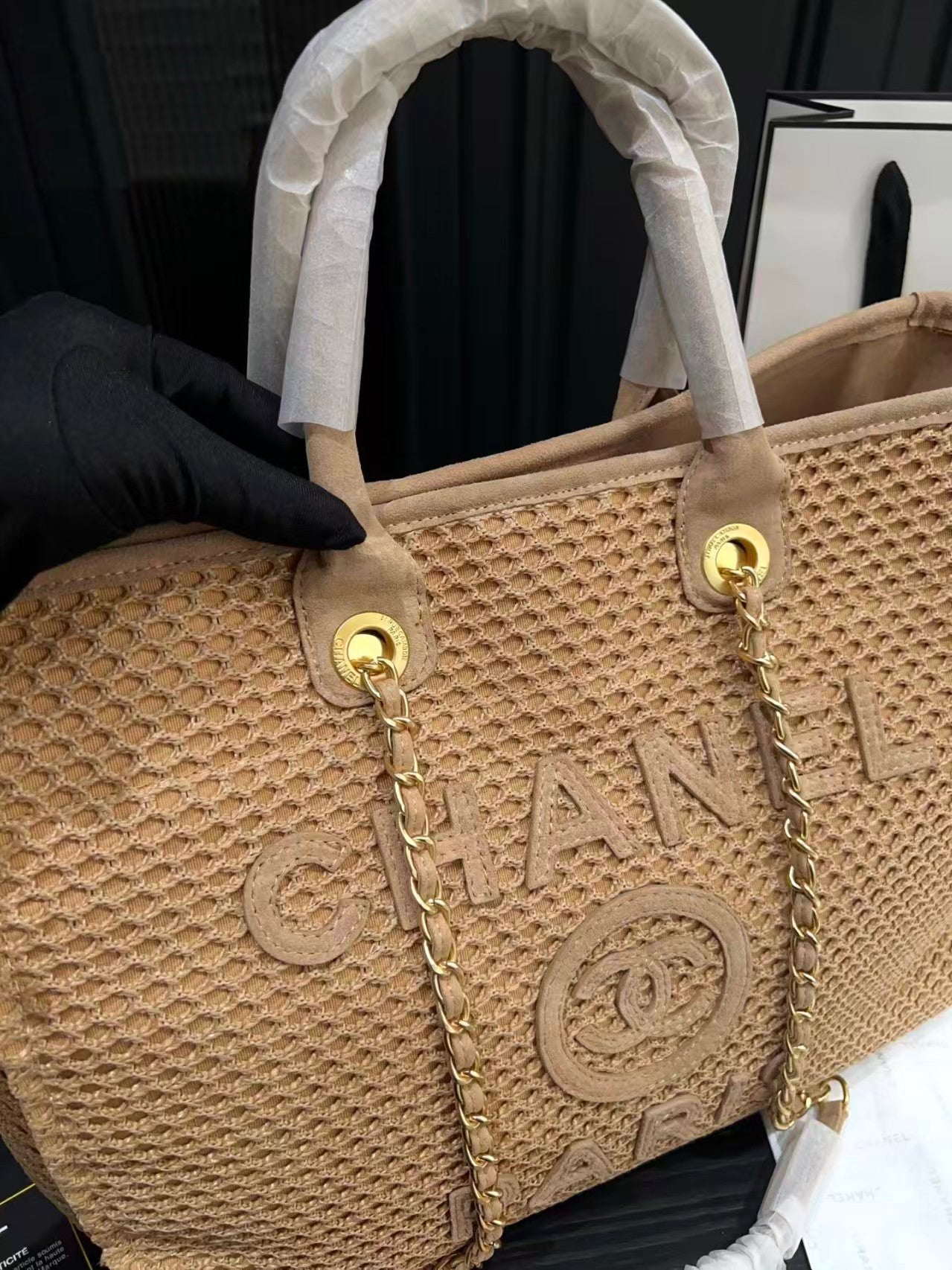 25 Deauville Tote Bag 34cm Beige Crochet Suede